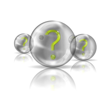 Transparent balls with green questions symbols