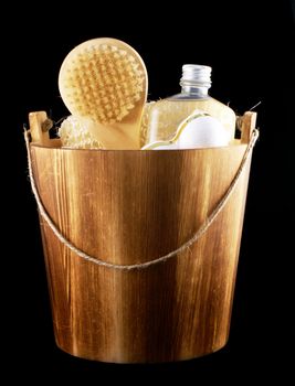 Wooden bucket with relaxing things.
