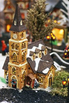 Church in a little christmas village.