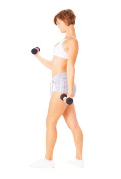 Young woman isolated on white lifting weights, from a complete series of photos.