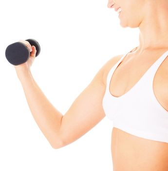 Young woman isolated on white lifting weights, from a complete series of photos.