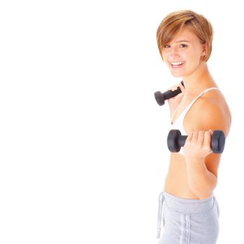 Young woman isolated on white lifting weights, from a complete series of photos.