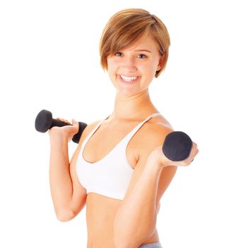 Young woman isolated on white lifting weights, from a complete series of photos.