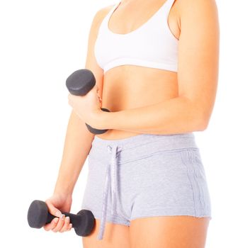 Young woman isolated on white lifting weights, from a complete series of photos.