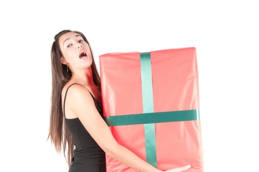 Woman with big red present box, studio shot