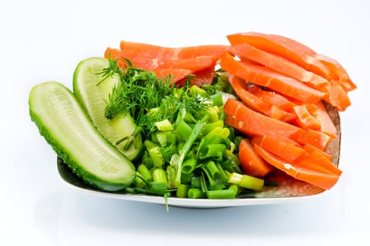 Sliced smoked chicken and vegetables on square porcelain plate onwhite backround
