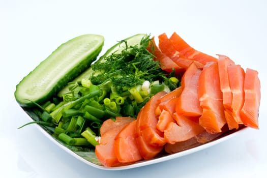 Sliced smoked chicken and vegetables on square porcelain plate onwhite backround
