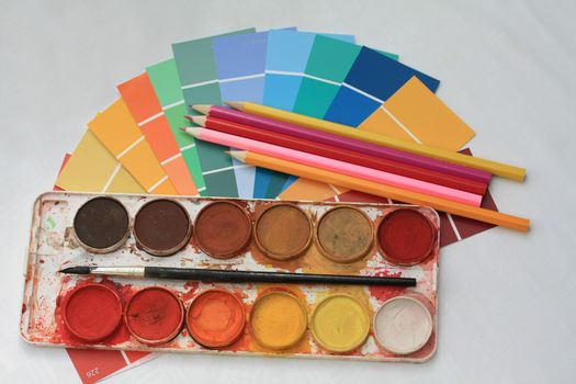 Collection of color samples, water colors and pencils