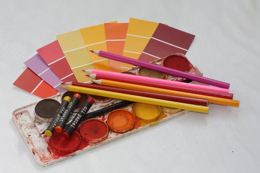 Collection of color samples, water colors and pencils