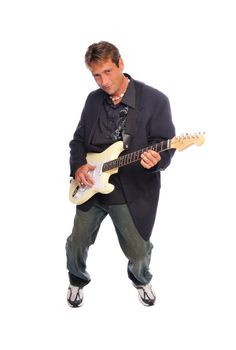 man playing an electric guitar on a white background