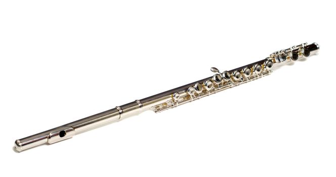 A metal flute commonly used for school, isolated against a white background