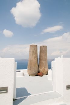 Two big pots on Santorini island, beautiful view