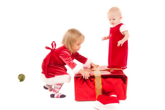 Two cristmas baby girls isolated on white