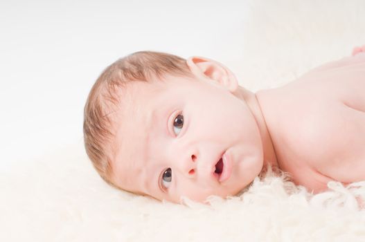 Newborn baby lying on the fur in studio