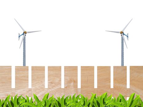 Windmills with beautiful wooden fence and green leafs isolate on white