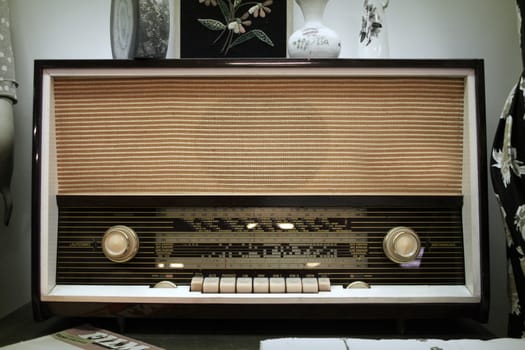 old aged wooden radio in retro look