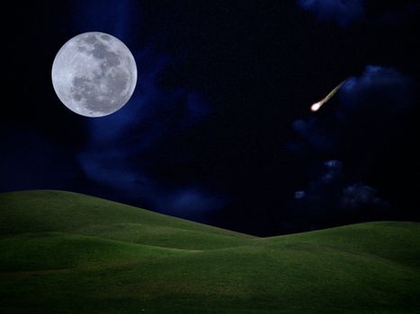 Full moon with falling star and green hill on darkness sky