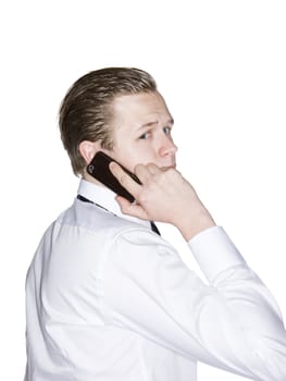 Man from behind, speaking in the phone