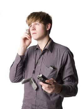 Young man with telephones