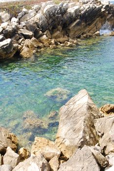 beautiful green seascape between huge rocks