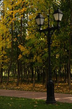 Metal street lamp in the fading autumn park