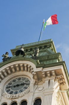 Clock tower detail of Town Hall in Trieste (Italy)