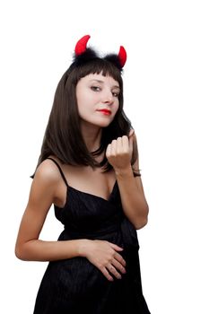 Devilish woman with horns over white