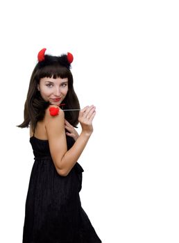 Devilish woman with horns and fabric heart over white