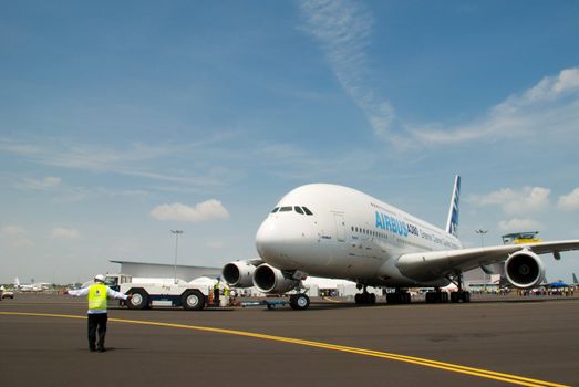 Airbus A380 at the static aircraft display area preparing to take off for fly pass.