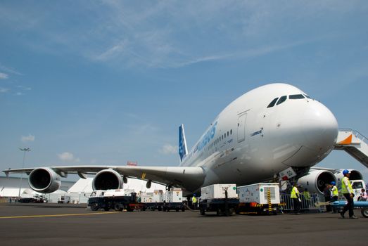 Airbus A380 at the static aircraft display area preparing to take off for fly pass.