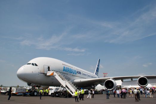 Airbus A380 at the static aircraft display area preparing to take off for fly pass.