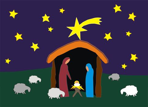 christmas scene, manger with stars and sheep