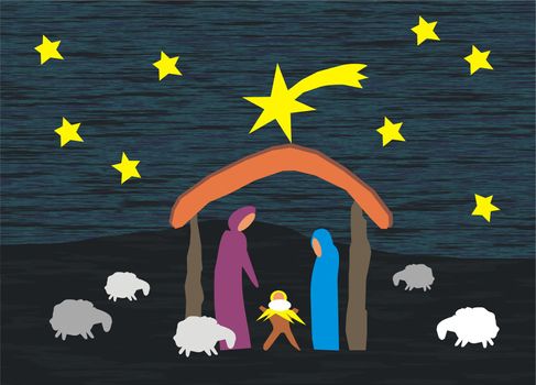 christmas scene, manger with stars and sheep