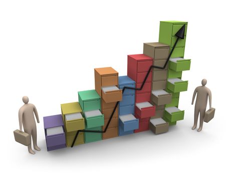 Computer generated image. File drawers in a row representing a graph. Metaphor of a company's progress.