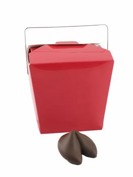 Chocolate covered fortune cookie and take-out box isolated on white