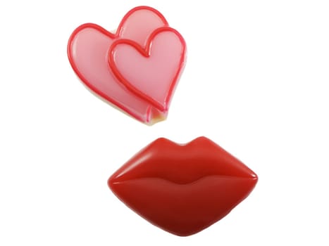 Heart shapes and red lips isolated on white