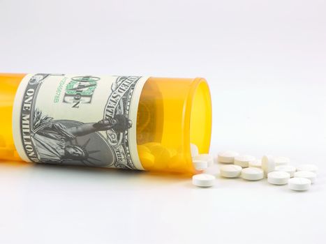 Pill bottle with one million dollar bill wrapped around it to show cost of health care.