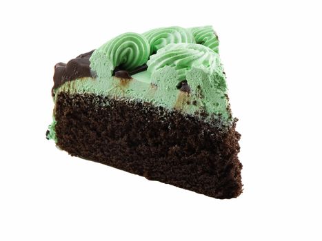 Slice of mint chocolate cake isolated on white