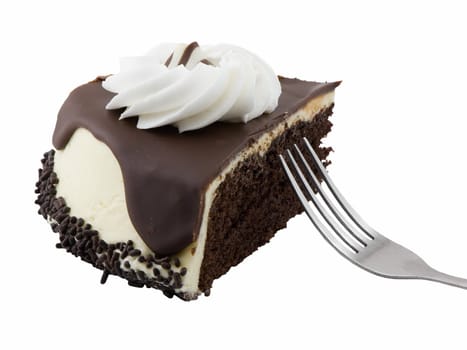 Slice of chocolate cream cheese cake with fork isolated on white