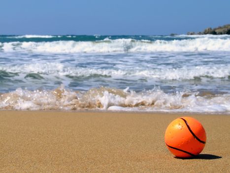 A dog's toy ball lying by the surf ona beach