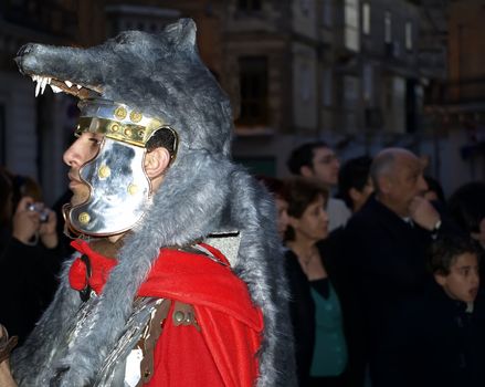 Man dressed up as a Roman Centurion during reenactment of Biblical times  