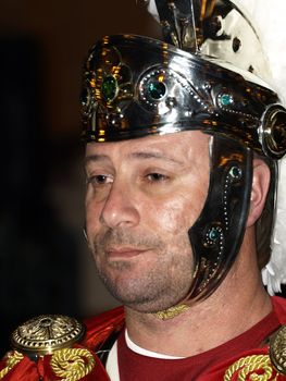 Man dressed up as a Roman legionnaire during reenactment of Biblical times  
