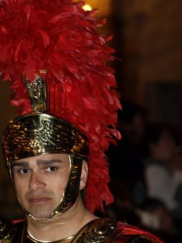 Man dressed up as a Roman Centurion during reenactment of Biblical times  