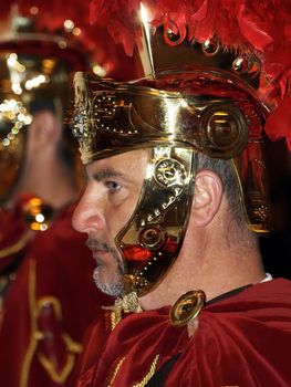 Man dressed up as a Roman Centurion during reenactment of Biblical times  