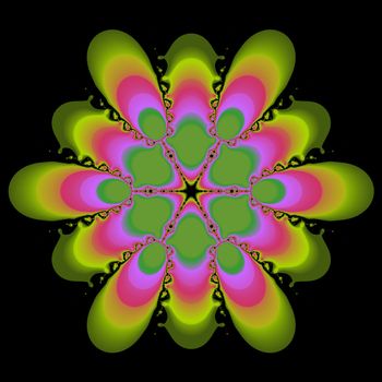 An abstract image in bright shades of pink, orange, and green on a black background.