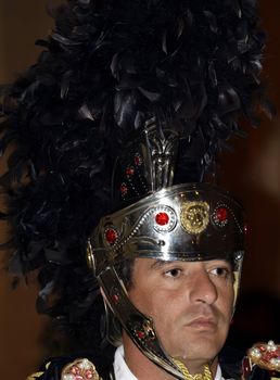 Man dressed up as a Roman General during reenactment of Biblical times  