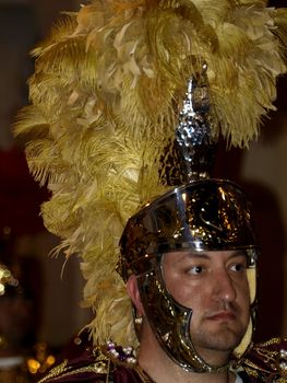 Man dressed up as a Roman General during reenactment of Biblical times  