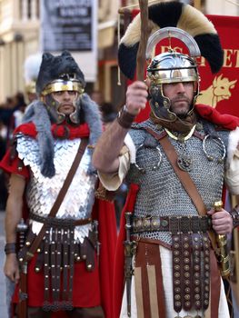 Man dressed up as a Roman Centurion during reenactment of Biblical times  