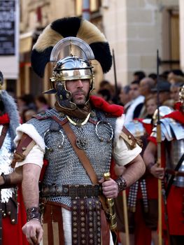 Man dressed up as a Roman Centurion during reenactment of Biblical times  