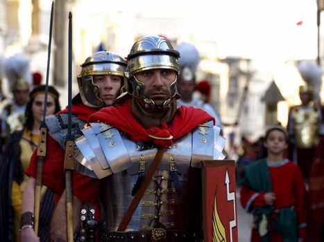 Man dressed up as a Roman legionnaire during reenactment of Biblical times  
